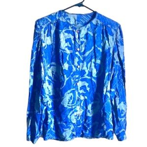 Blue Gray Leaf Print Silk Blouse Sz 10